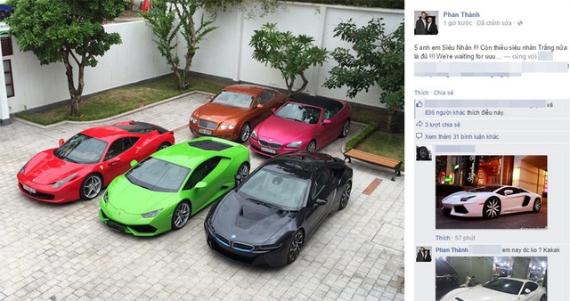 Đại gia Phan Thành đăng hình 5 siêu xe mỗi chiếc một màu lên Facebook cá nhân, cùng lúc với hot girl Midu.