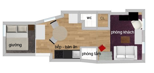 không gian nội thất cho căn hộ 31m2.