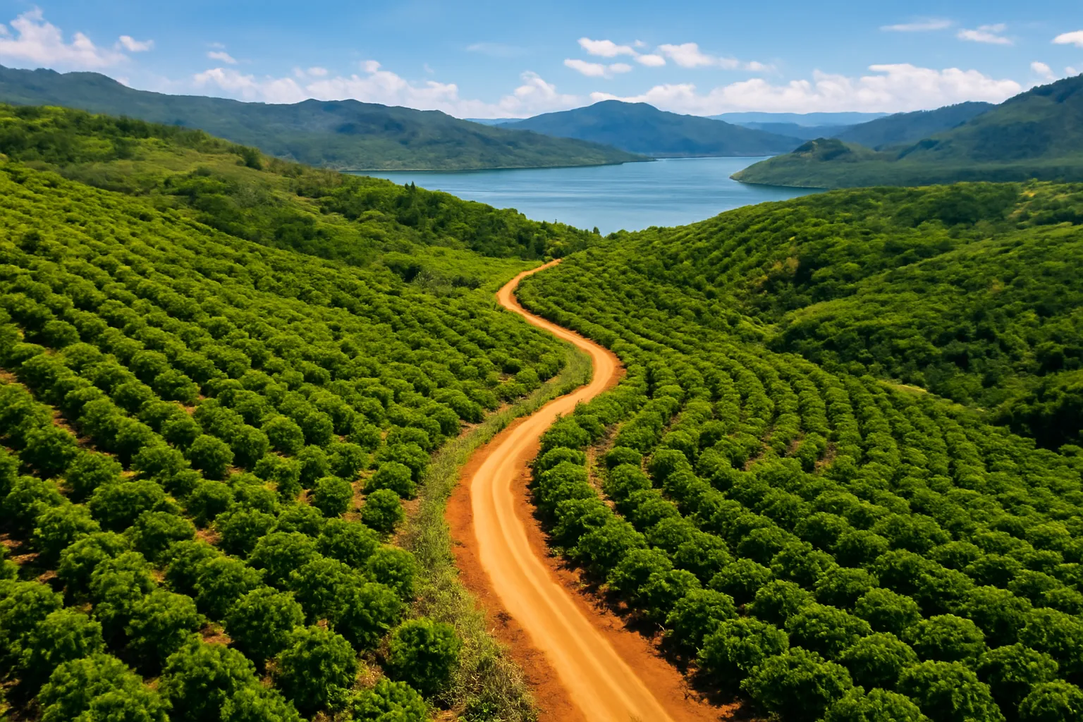 Đường đất đỏ uốn giữa đồi cà phê, xa xa là mặt hồ xanh dưới trời trong