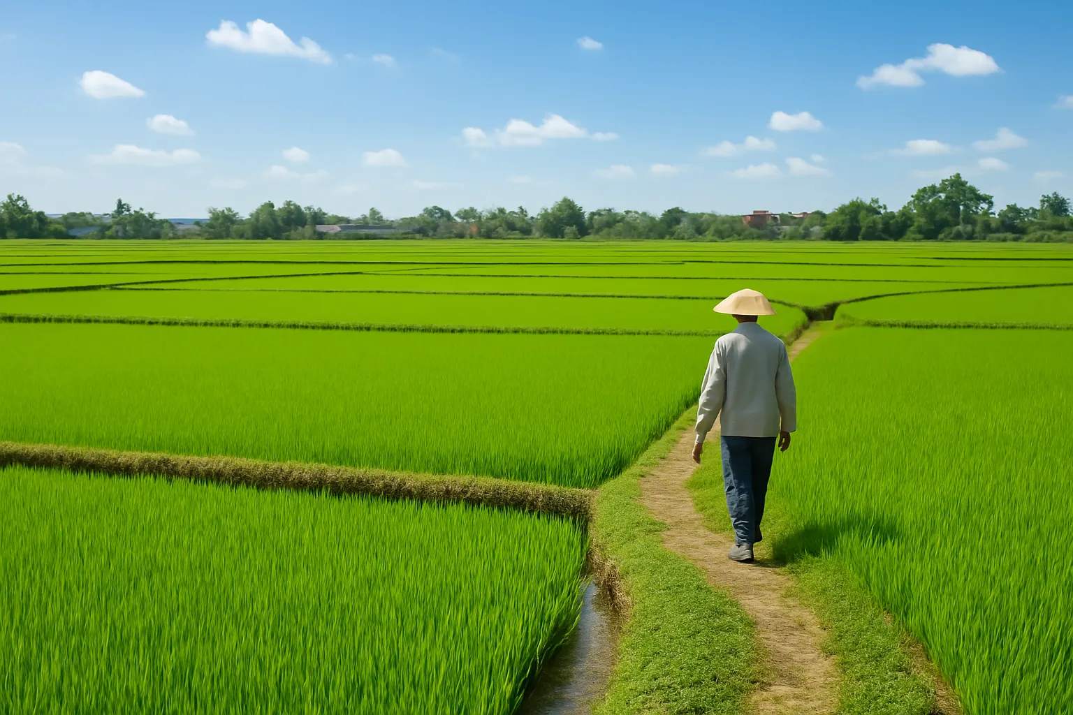 Cánh đồng lúa xanh có bờ đất, người nông dân đội nón lá đi xa trên bờ