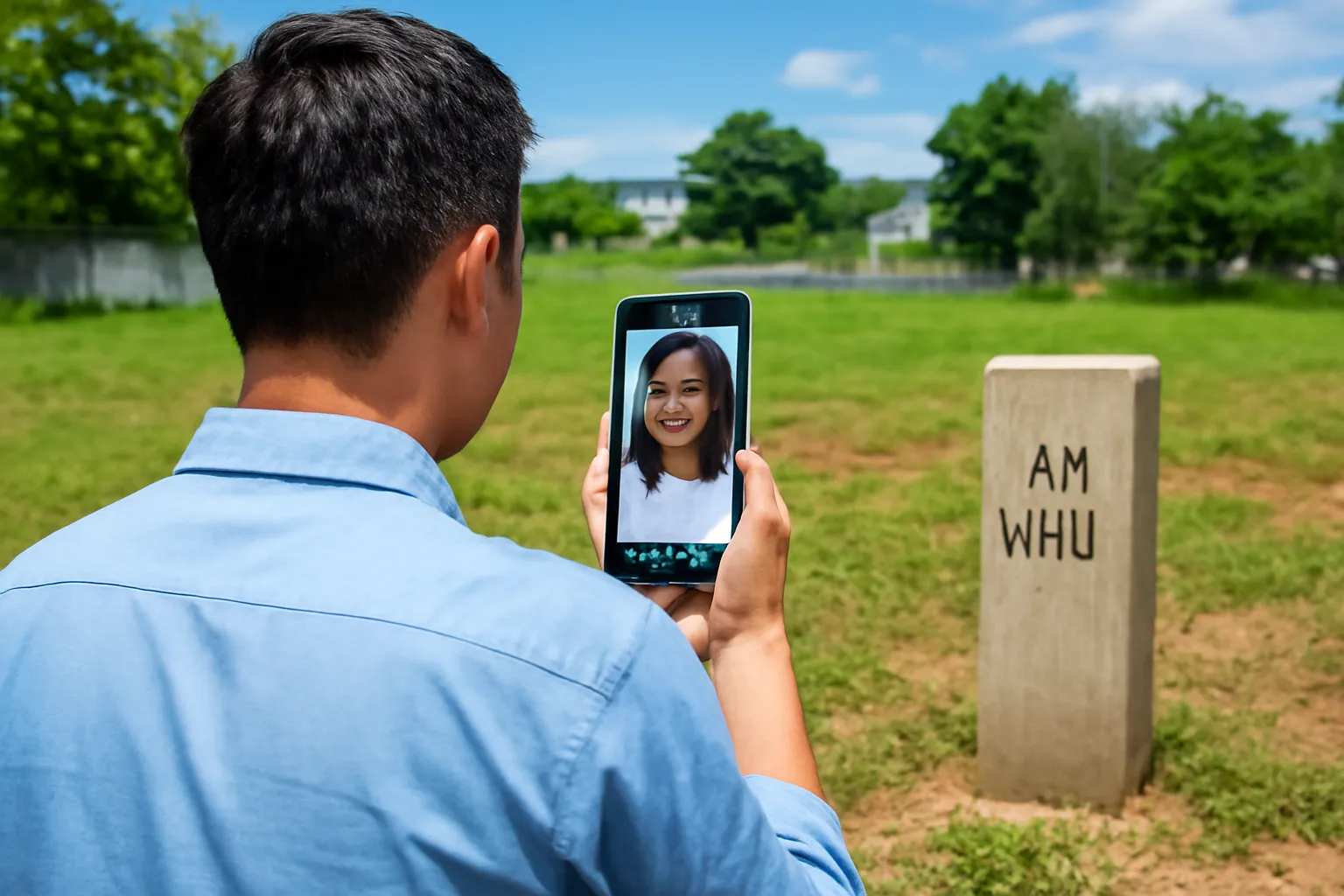 Người cầm điện thoại gọi video đứng giữa thửa đất trống có cọc mốc bê tông