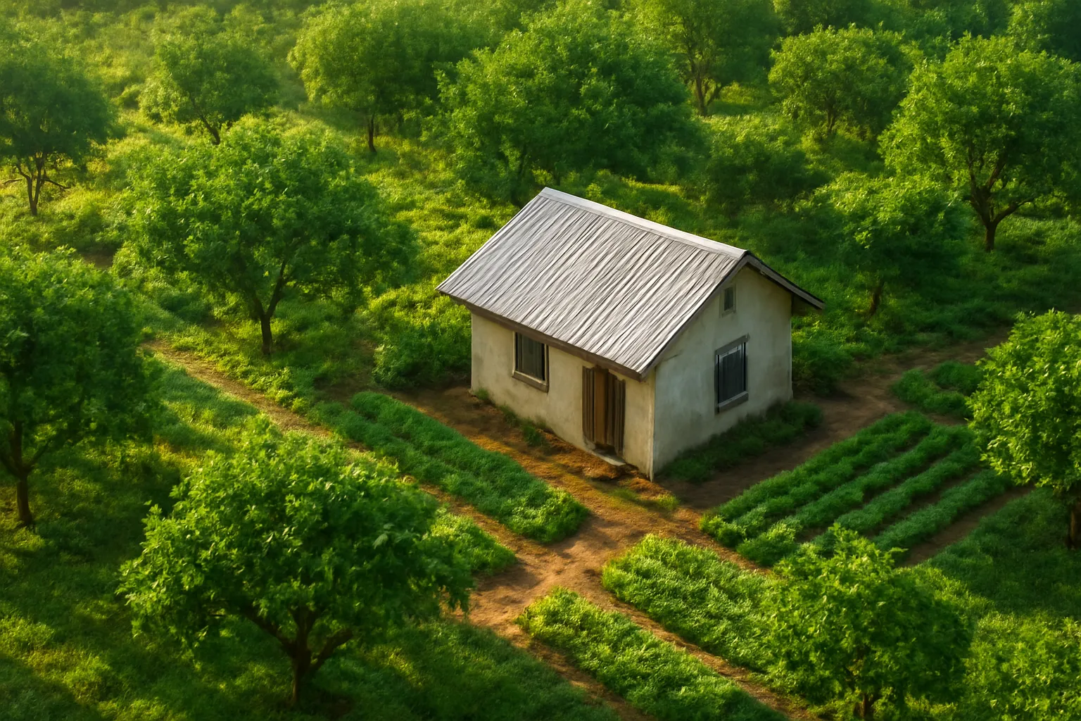 Thửa vườn có nhà cấp bốn mái tôn giữa những hàng cây ăn trái nhìn từ trên cao