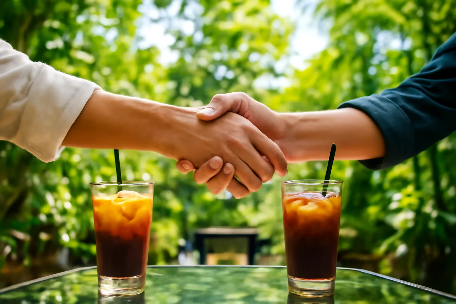 Hai bàn tay bắt nhau trên bàn kính quán cà phê sân vườn cạnh ly cà phê