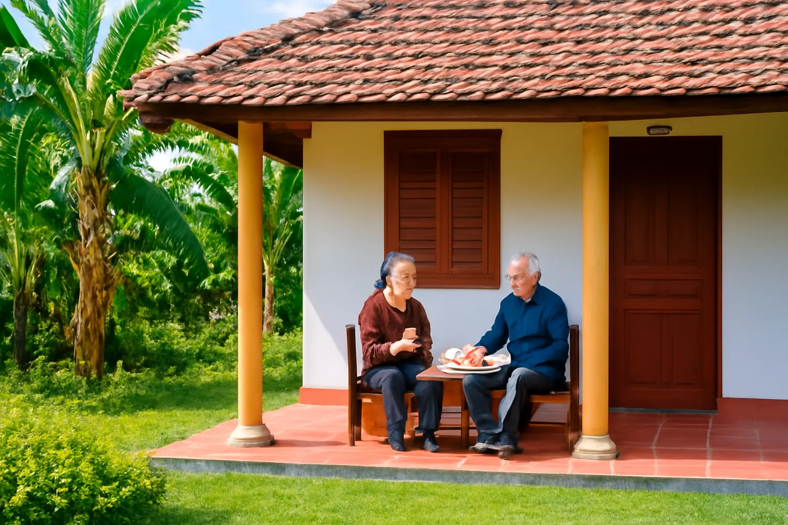 Hai người lớn tuổi ngồi uống trà trên hiên nhà mái ngói đỏ
