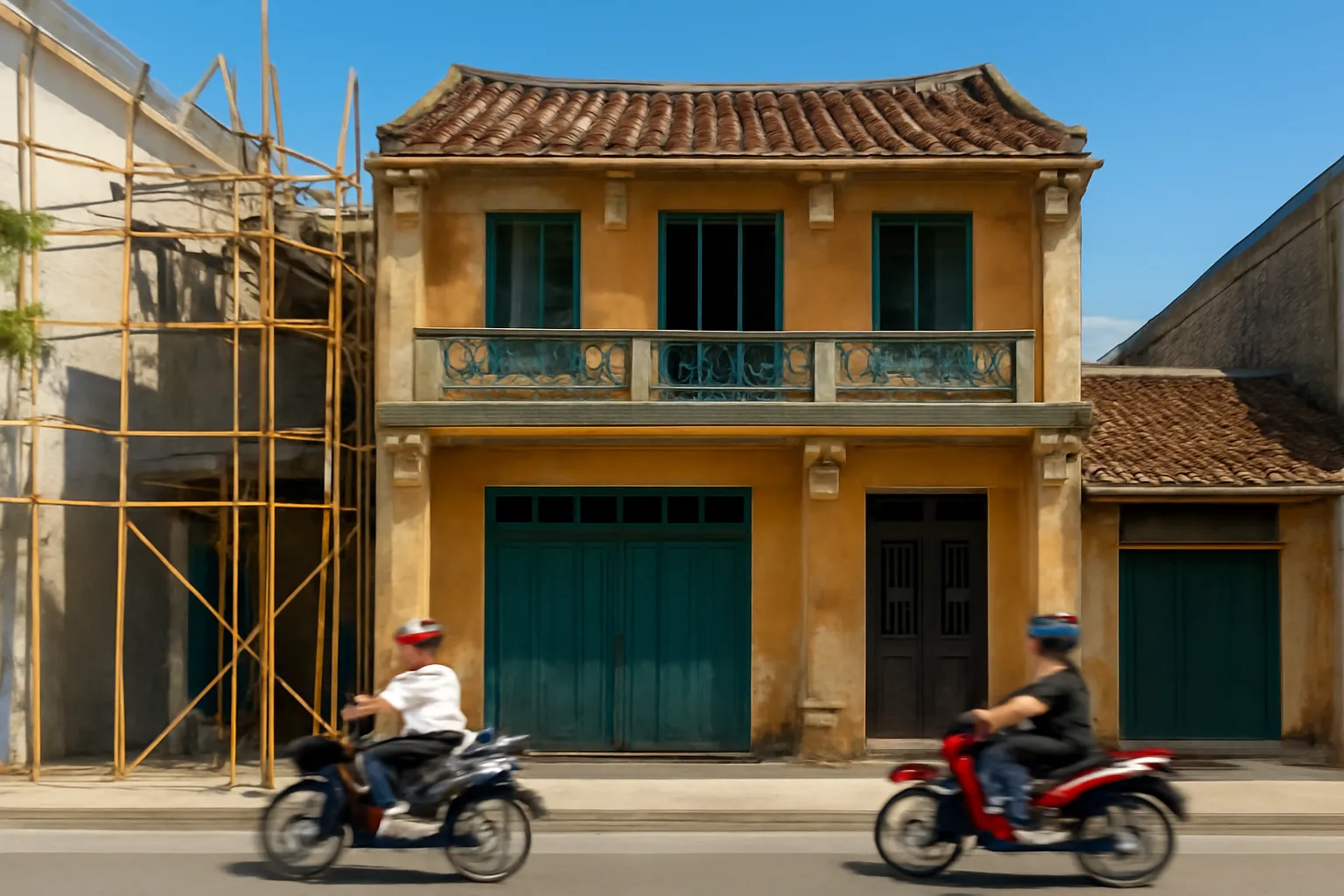 Nhà phố cũ hai tầng có giàn giáo một bên nhìn từ bên kia đường