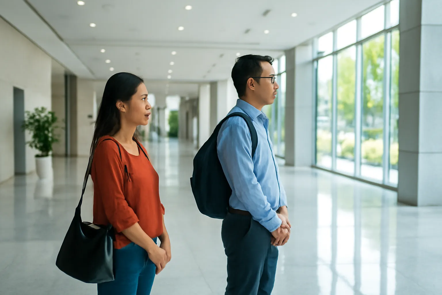 Hai người ngồi chờ trong sảnh rộng sáng sủa có sàn đá bóng