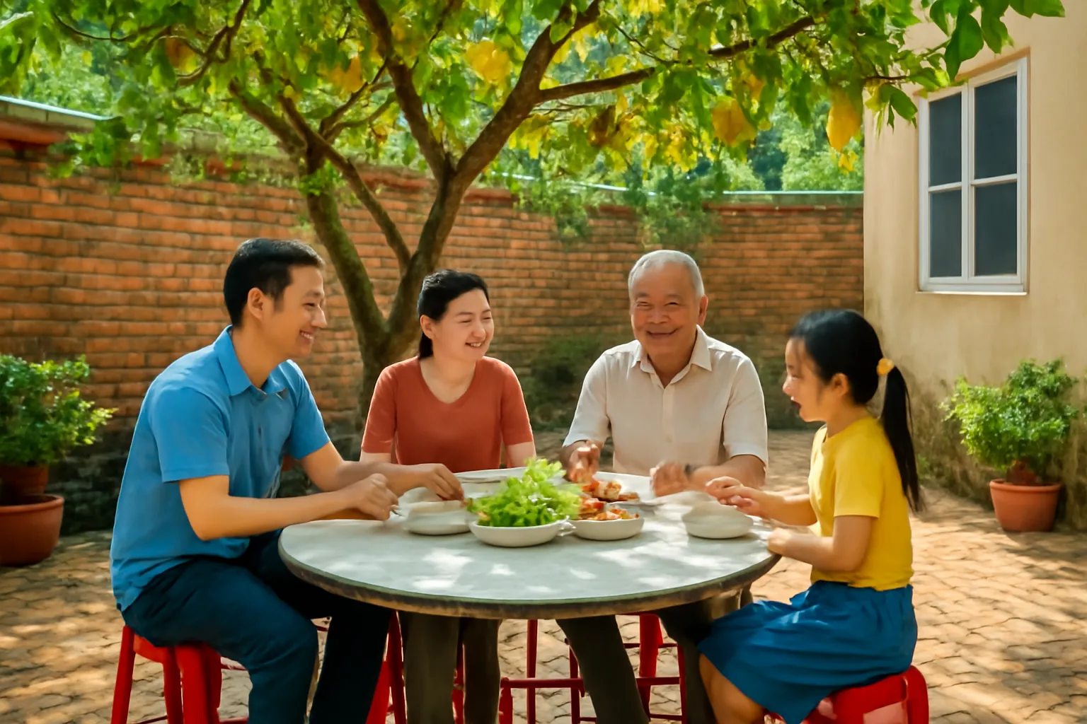 Gia đình ba thế hệ ngồi quanh bàn tròn trong sân gạch có cây khế
