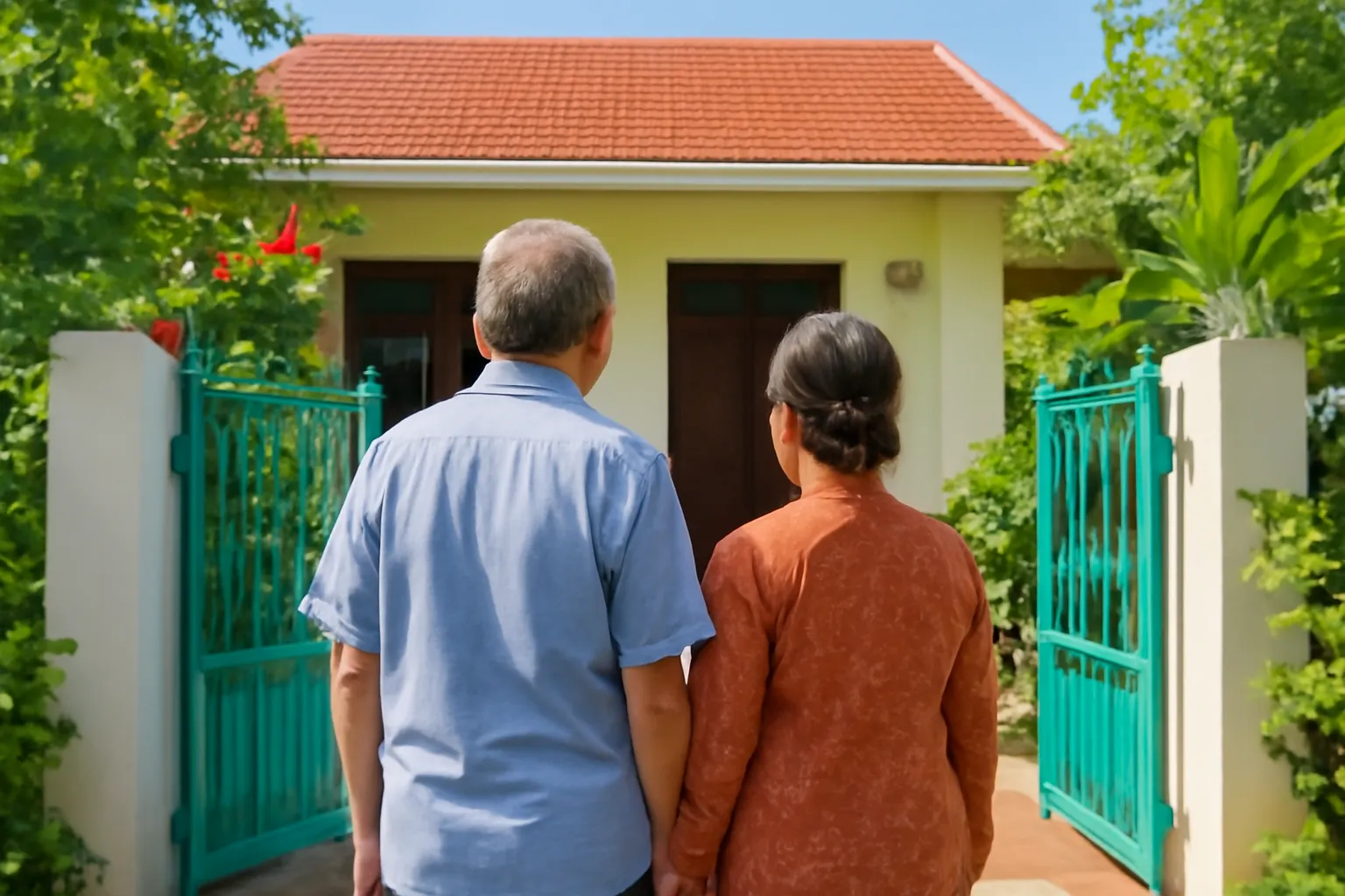 Cặp vợ chồng lớn tuổi đứng trước cổng nhà một trệt có sân trồng cây