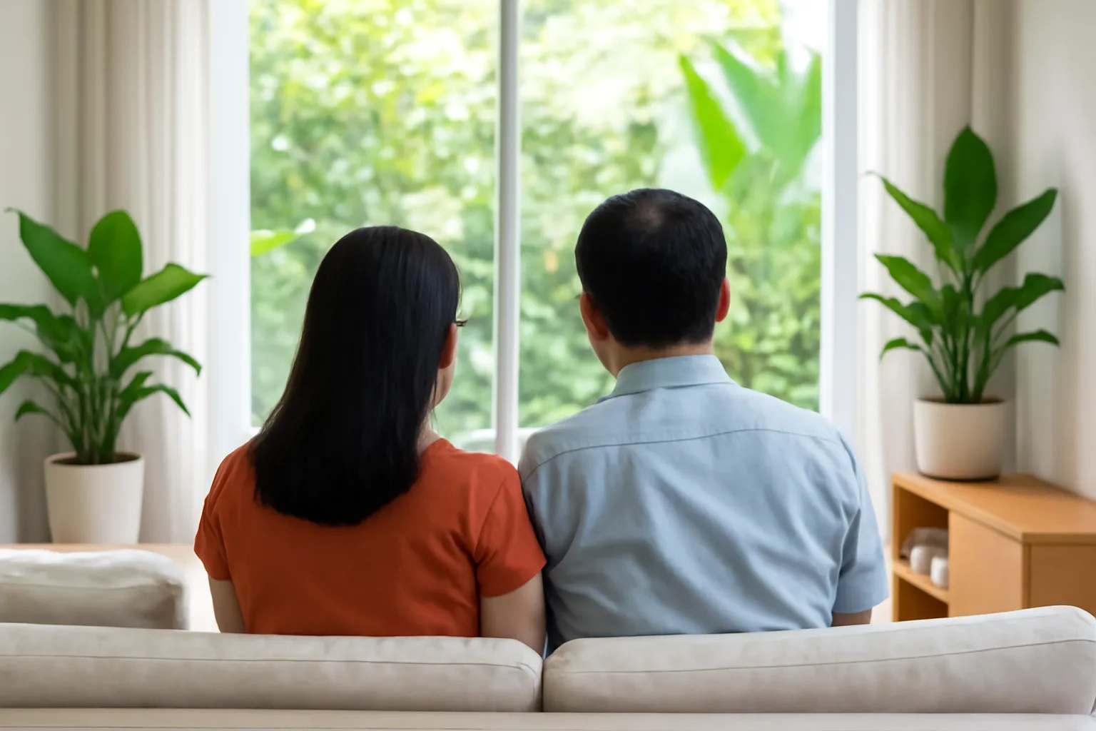 Đôi vợ chồng trung niên ngồi cạnh nhau trên sofa nhìn ra cửa sổ phòng khách
