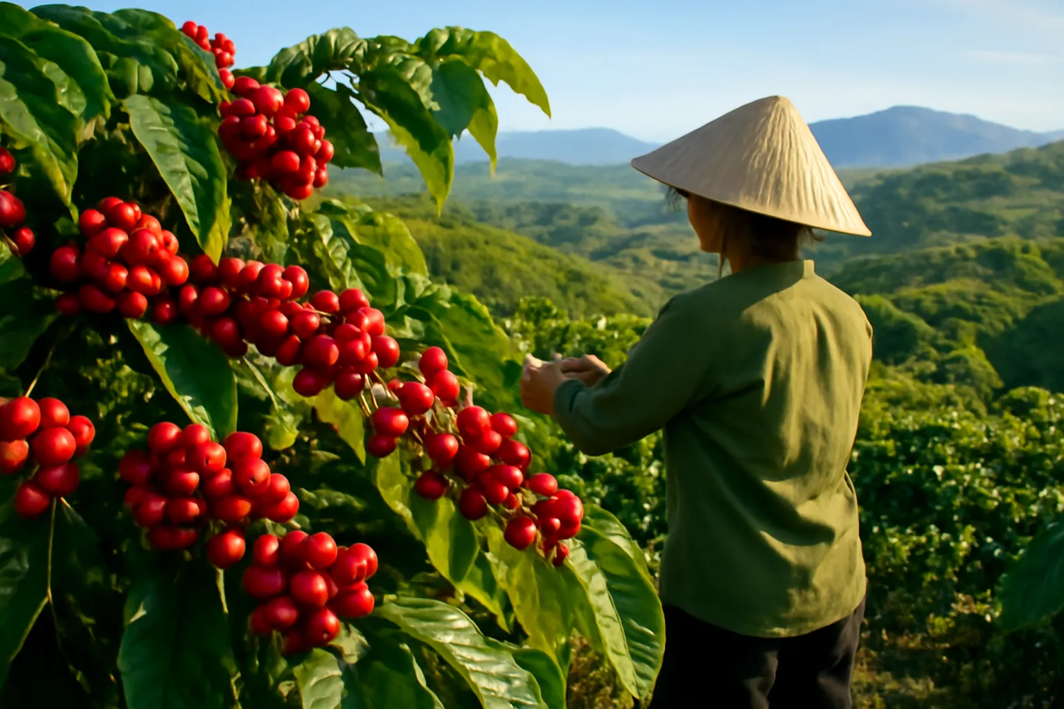 Hàng cà phê chín đỏ trên đồi dốc Tây Nguyên, người hái ở xa phía sau