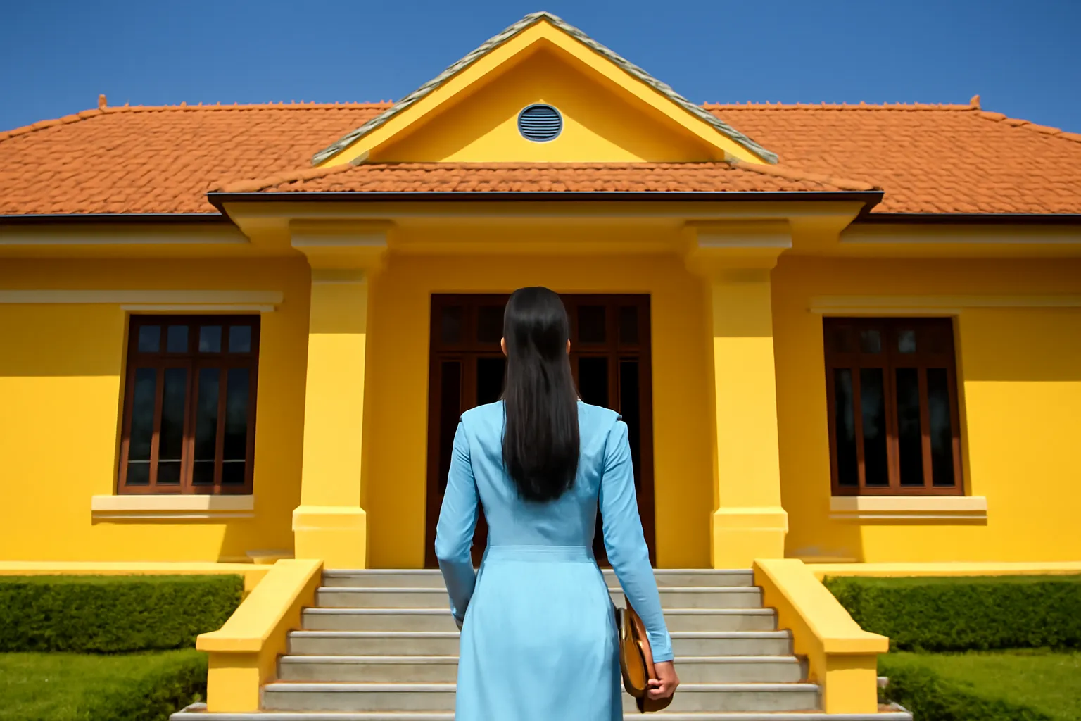 Người phụ nữ cầm bìa hồ sơ bước lên bậc thềm toà nhà hành chính mái ngói