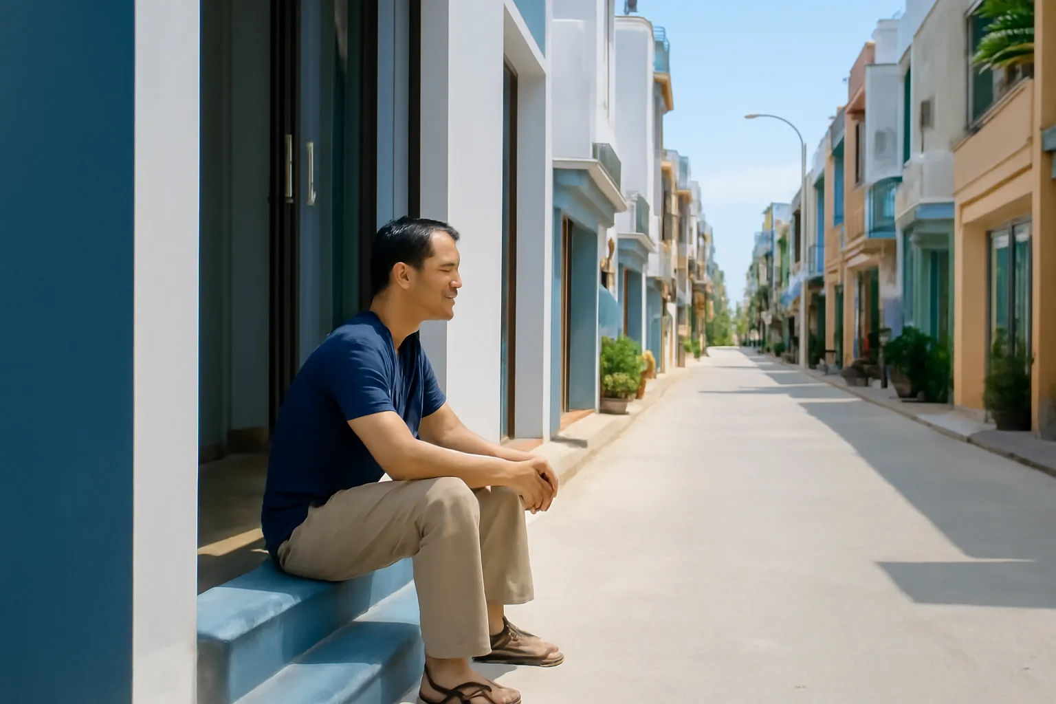 Người đàn ông ngồi bậc thềm nhà ống, sổ tay và điện thoại bên cạnh, nhìn ra hẻm