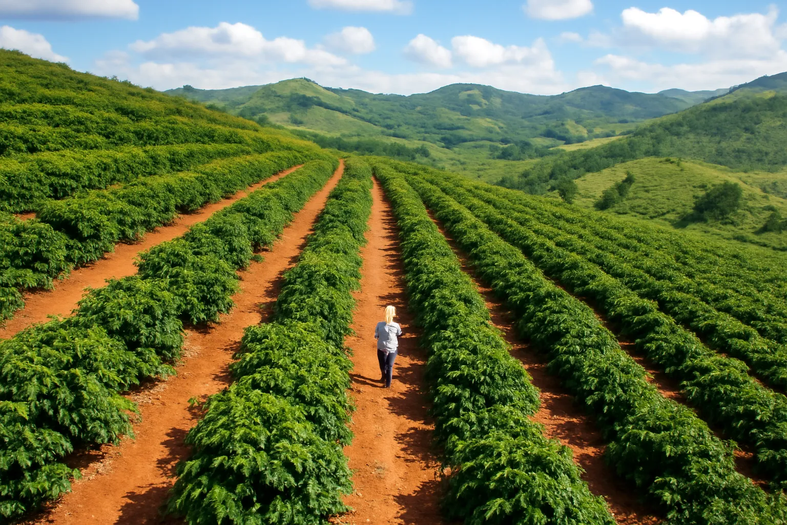 Người đi giữa luống cà phê trên đồi đất đỏ nhìn từ trên cao