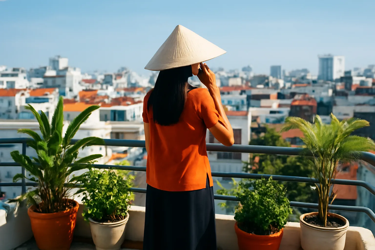 Người phụ nữ nghe điện thoại trên sân thượng, nhìn ra mái nhà thành phố