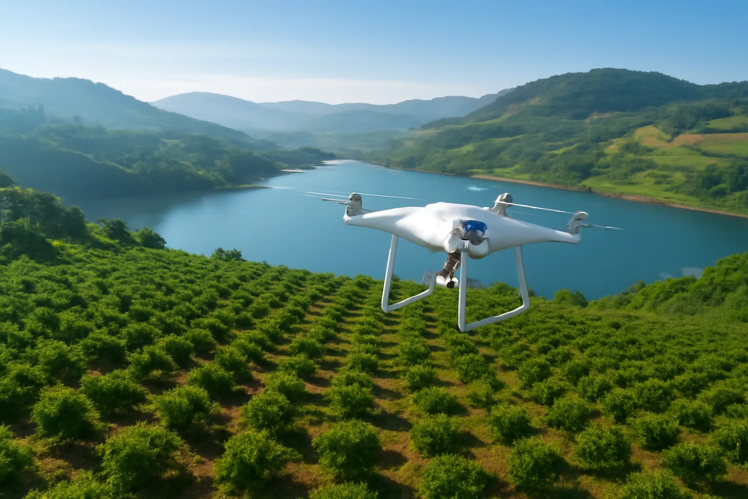 Flycam bay trên lô đất vườn cạnh hồ nước xanh giữa vùng đồi