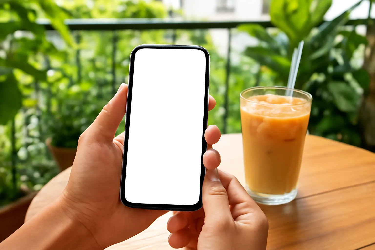 Đôi tay cầm điện thoại trên bàn gỗ cạnh ly cà phê ở ban công nhiều cây