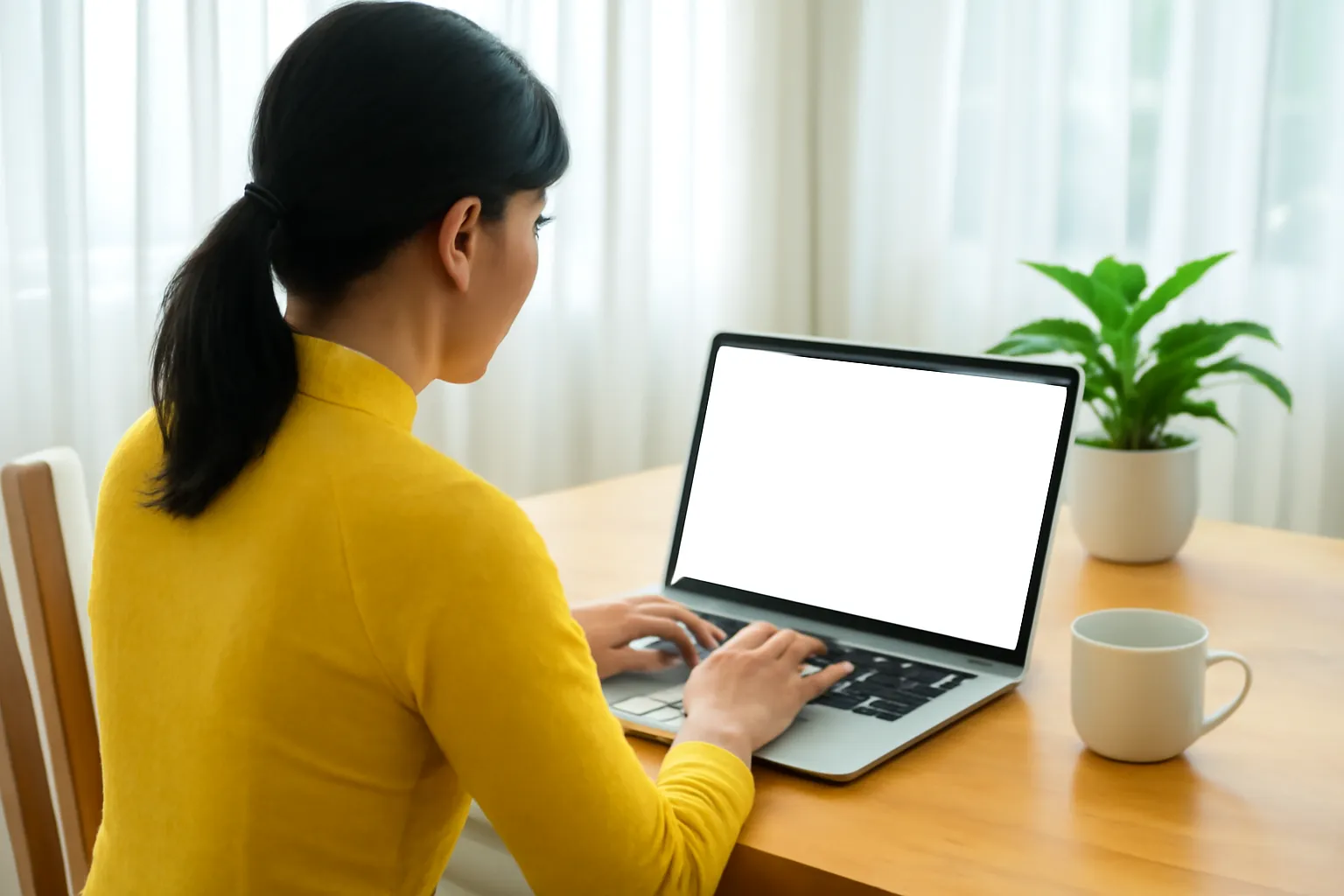 Người phụ nữ ngồi trước máy tính xách tay ở bàn ăn sáng sủa