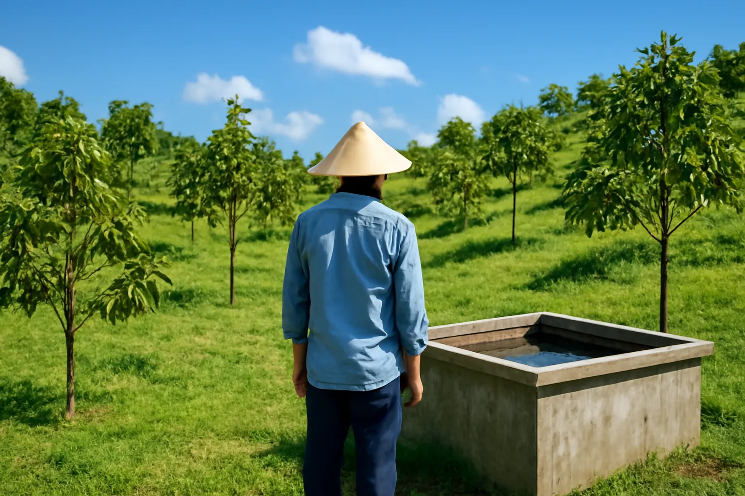 Người đàn ông đứng cạnh bể nước giữa vườn sầu riêng non trên sườn đồi