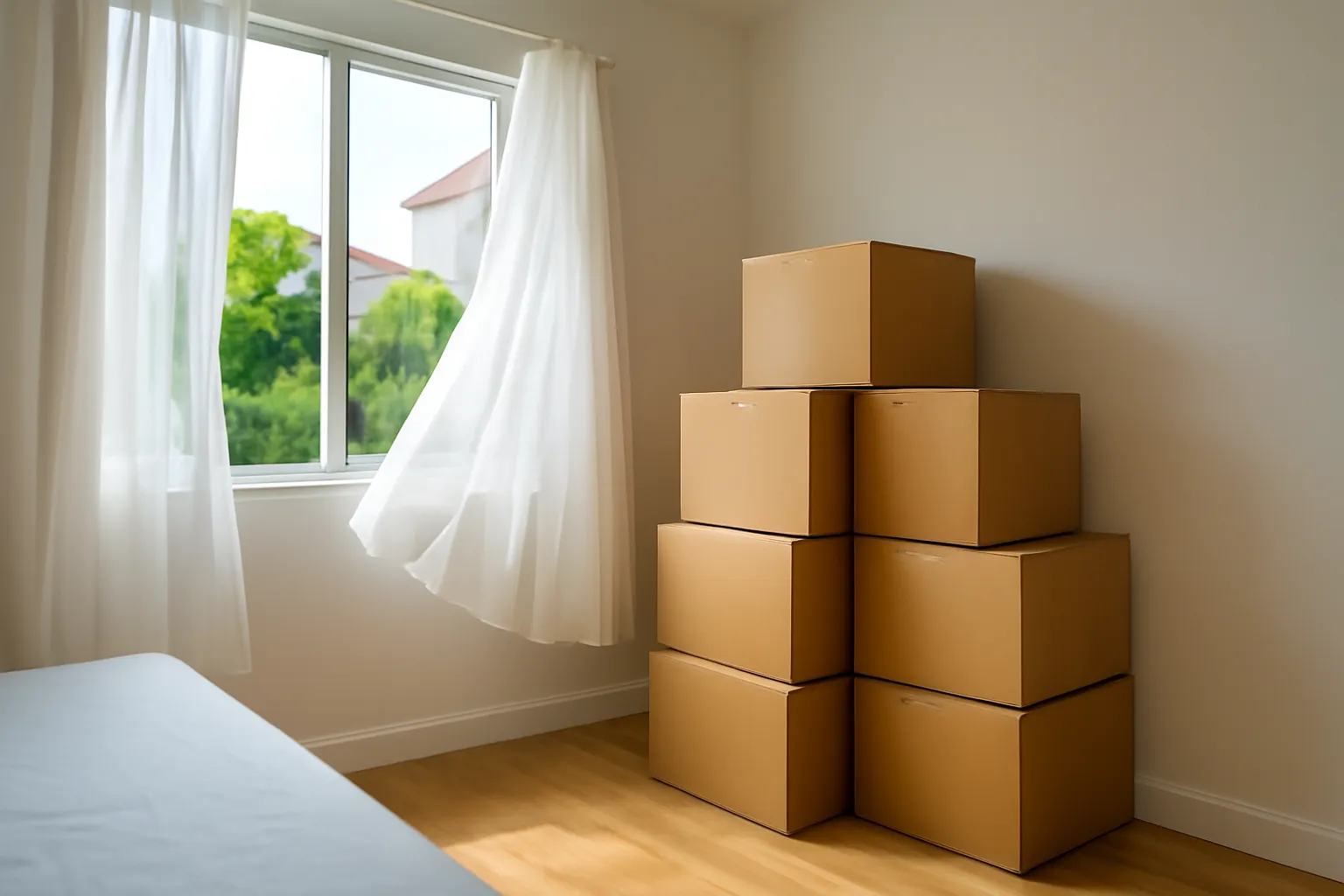 Thùng carton xếp gọn ở góc phòng, cửa sổ mở thoáng trước khi khách xem nhà