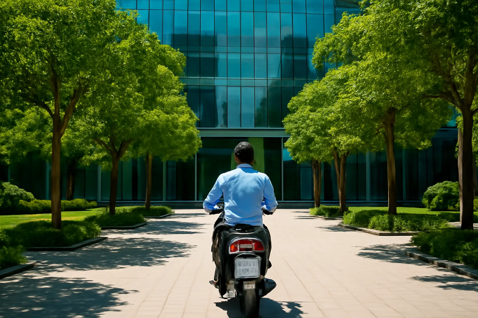 Người đàn ông đi xe máy rời khuôn viên toà nhà văn phòng có hàng cây xanh