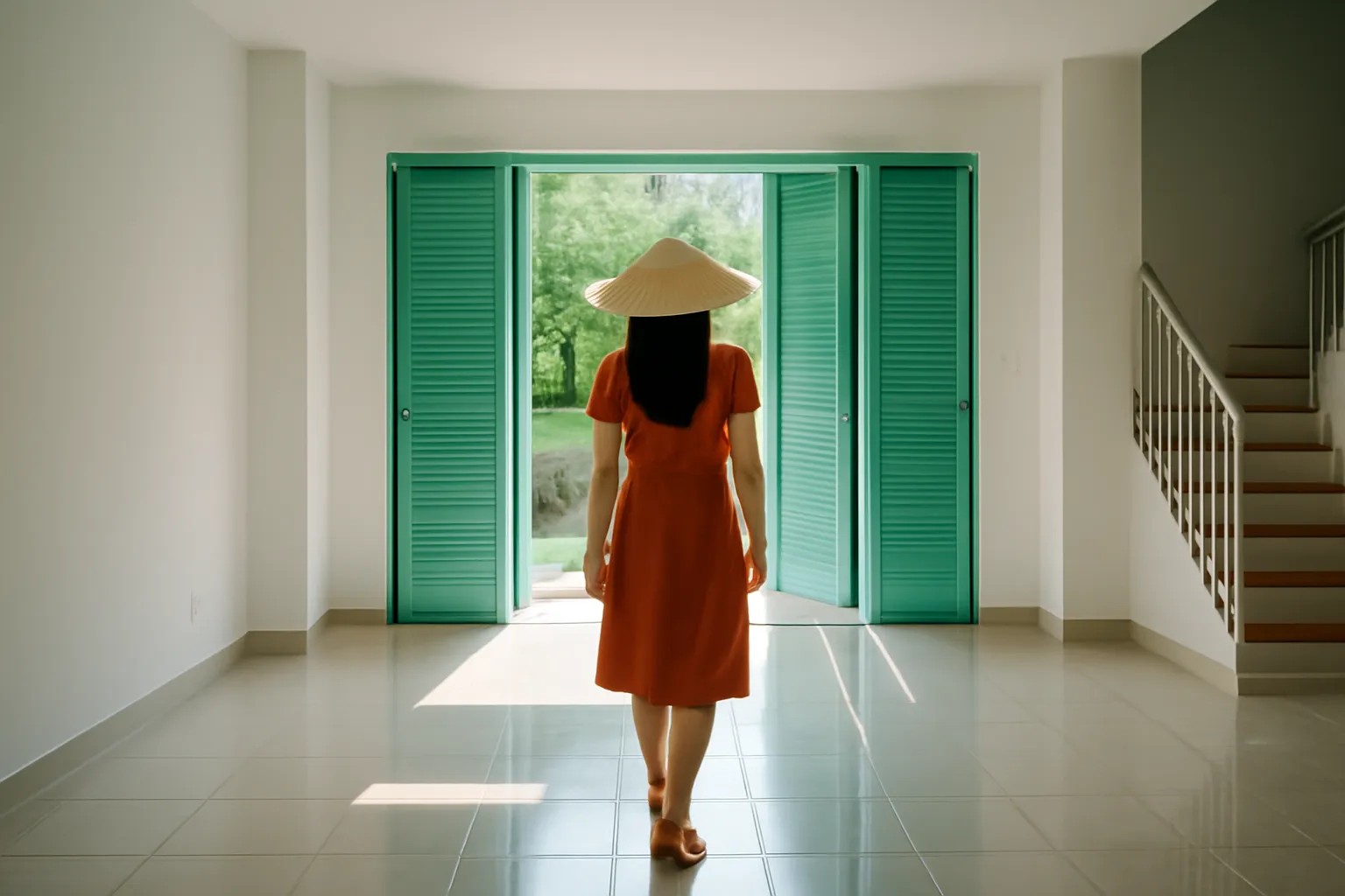 Chủ nhà đi kiểm tra tầng trệt trống của căn nhà đang rao bán