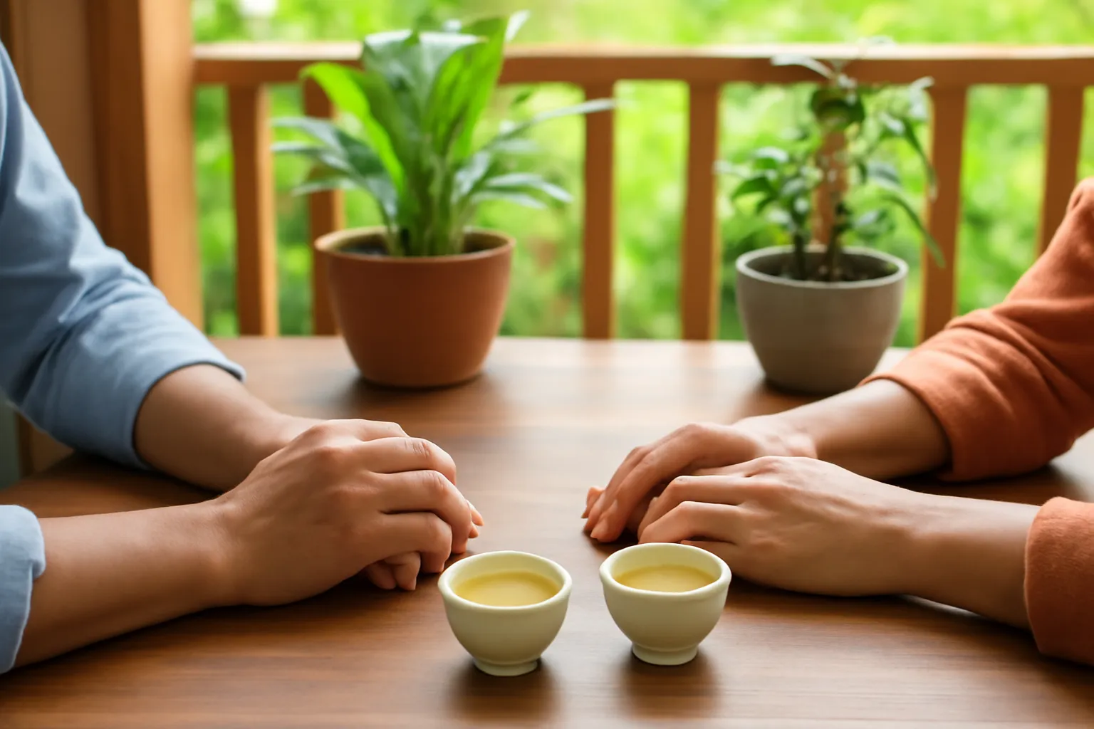 Hai bàn tay đặt trên bàn trà gỗ ngoài hiên nhà cạnh hai tách trà