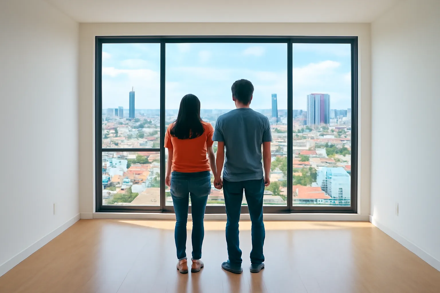 Hai người đứng bên cửa kính phòng khách căn hộ nhìn ra thành phố