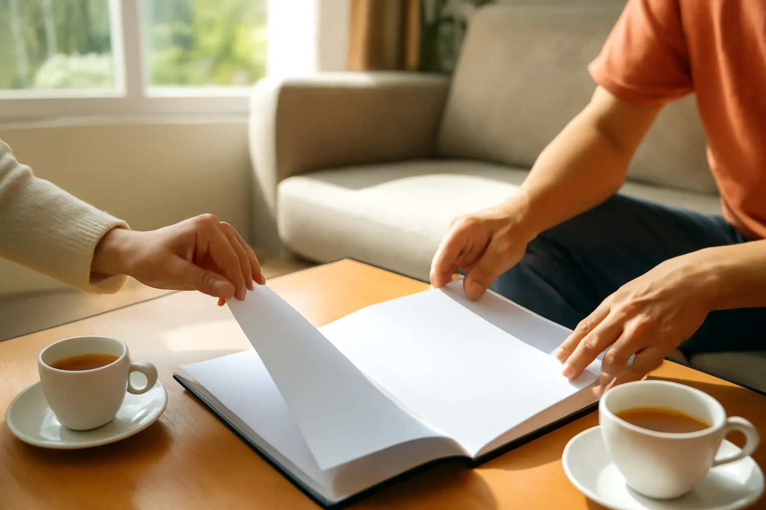 Hai đôi tay lật tập giấy trên bàn sofa phòng khách cạnh tách trà