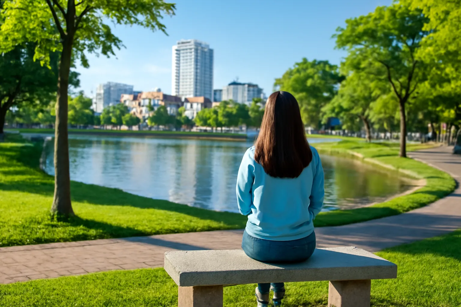 Người phụ nữ ngồi ghế đá công viên bờ sông thành phố nhìn ra mặt nước buổi sáng