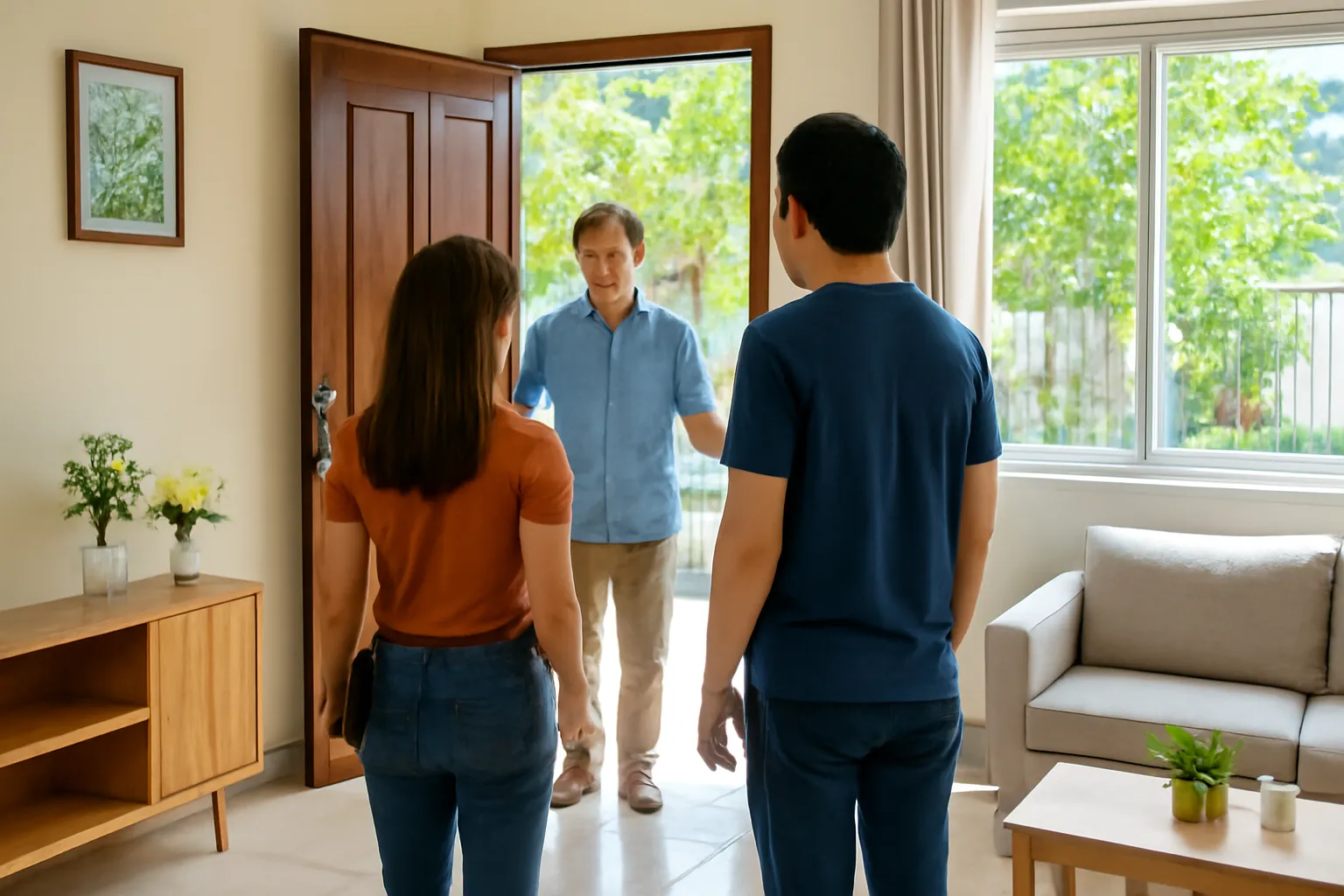 Chủ nhà mở cổng đón đôi vợ chồng vào xem nhà buổi chiều