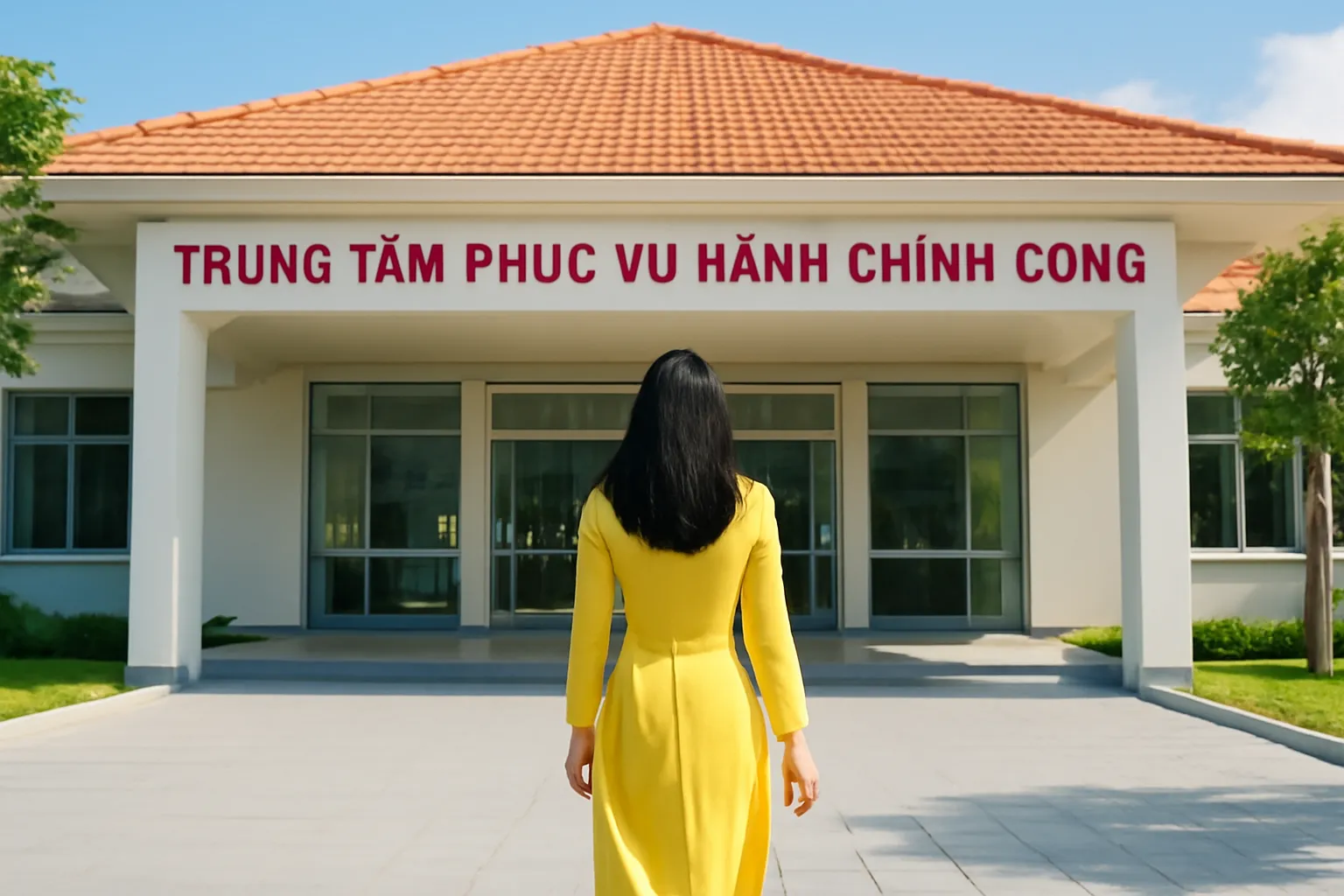 Người phụ nữ đi bộ vào sảnh trung tâm hành chính mái ngói hiện đại buổi sáng