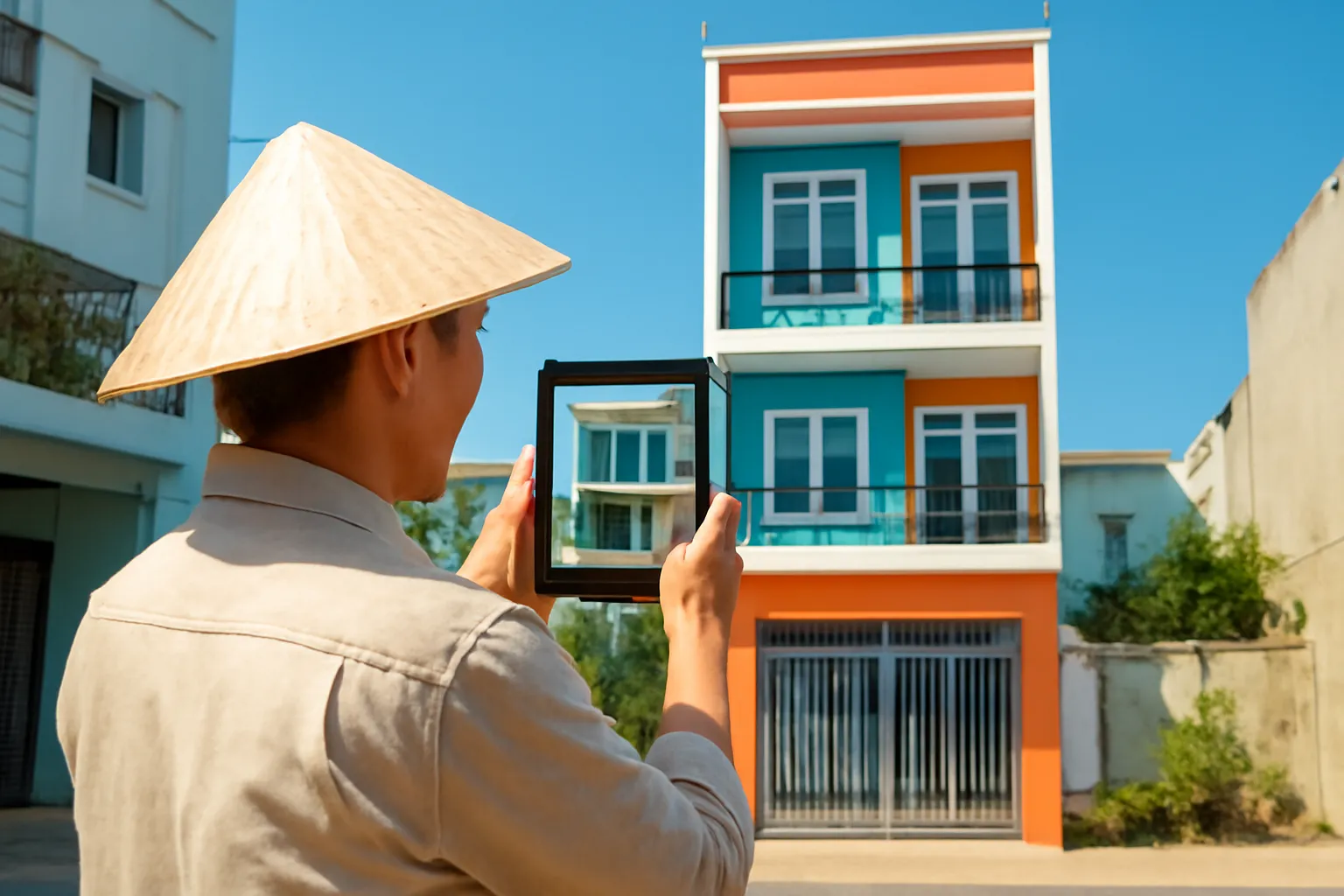 Thẩm định viên đội mũ vải chụp ảnh mặt tiền nhà ống ba tầng bằng máy tính bảng