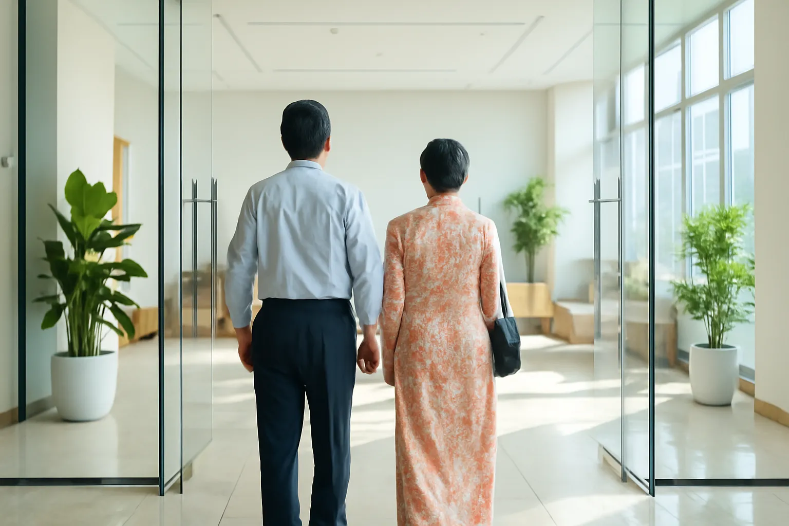 Đôi vợ chồng trung niên bước qua cửa kính vào sảnh văn phòng sáng sủa