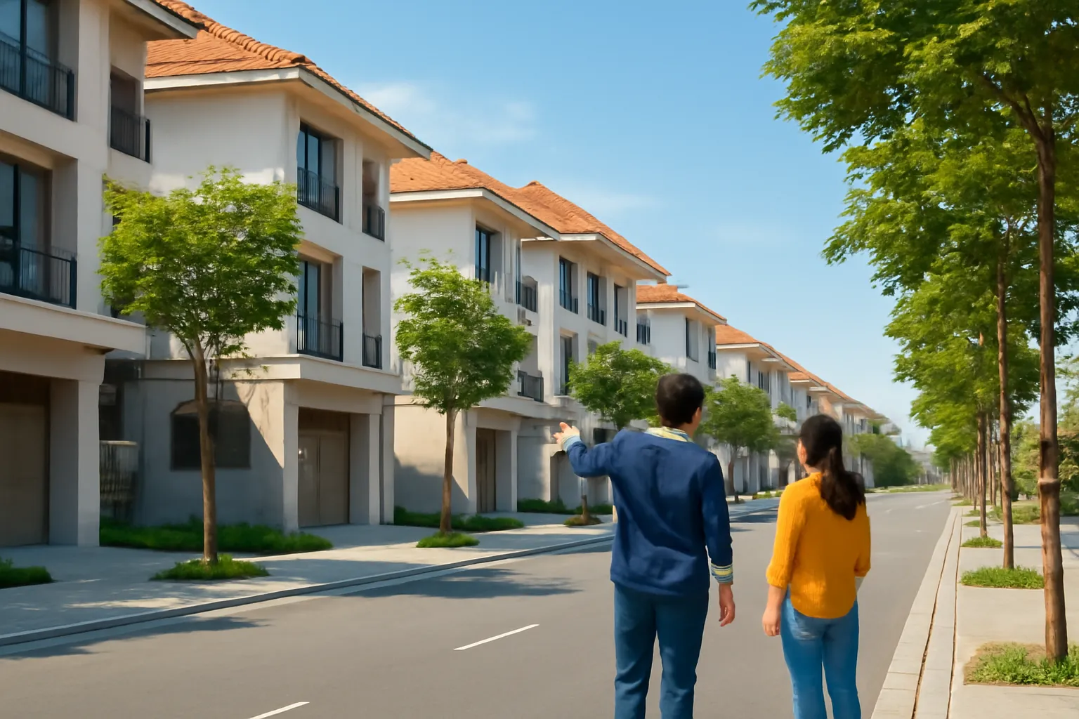 Hai người đi bộ trên con đường khu nhà phố mới, một người chỉ tay về căn nhà