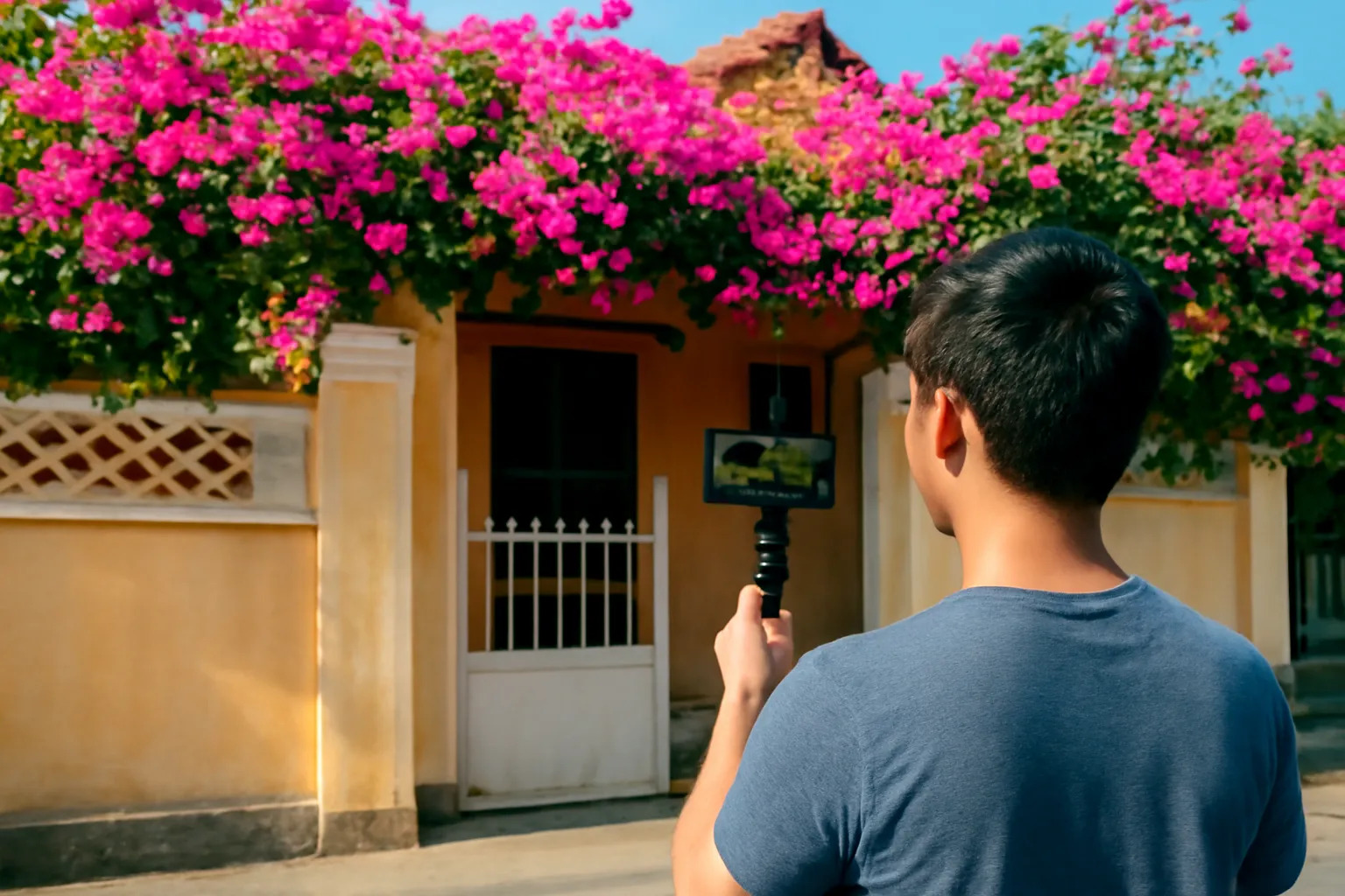 Người cầm chân máy và điện thoại đứng trước cổng nhà có giàn hoa giấy