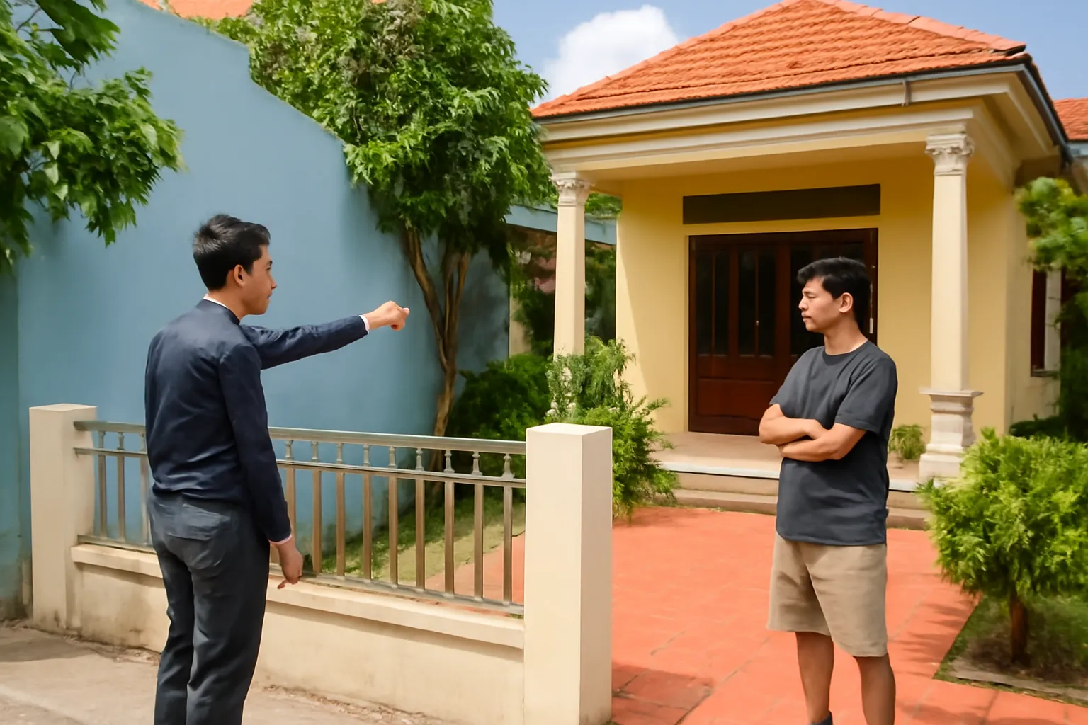 Người đàn ông đứng ngoài hàng rào chỉ vào tường nhà, chủ nhà khoanh tay