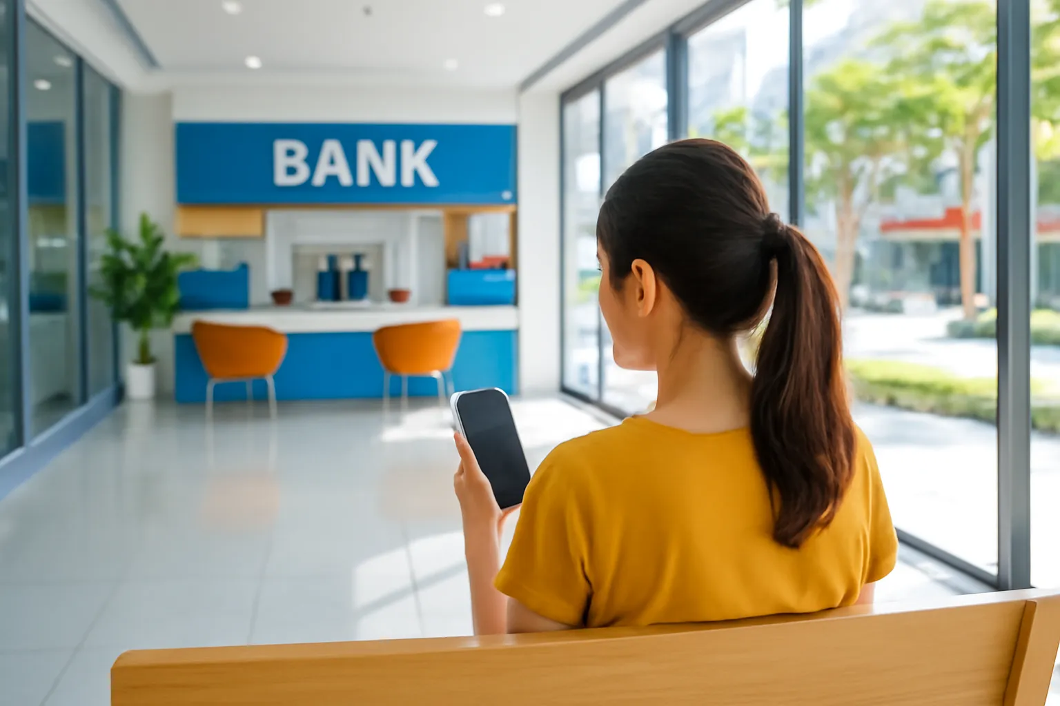 Người phụ nữ ngồi ở ghế chờ sảnh sáng sủa, cầm điện thoại, chụp từ sau vai
