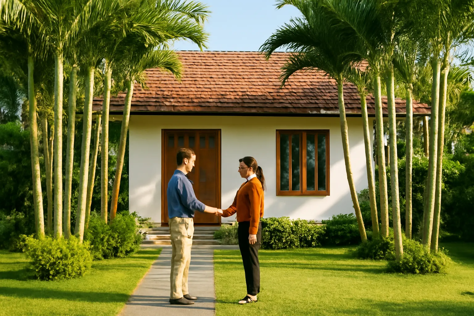 Hai người bắt tay ngoài sân nhà vườn có hàng cau, chụp từ xa