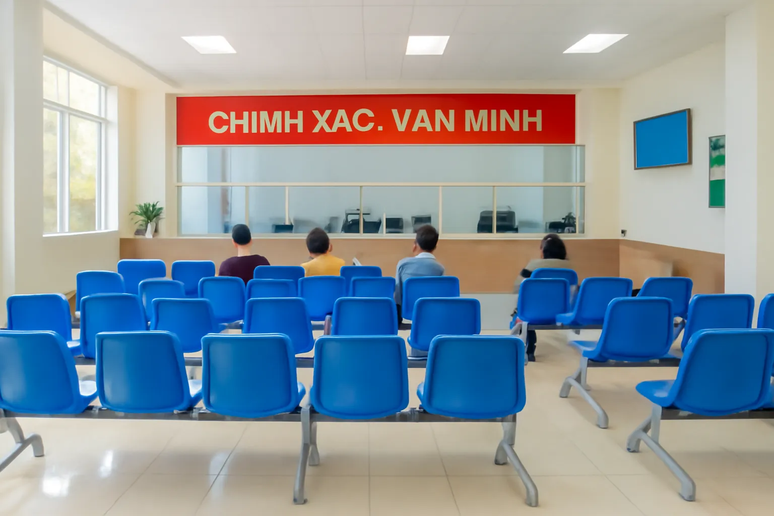 Khu tiếp nhận hồ sơ một cửa sáng sủa với hàng ghế chờ, người đứng xa