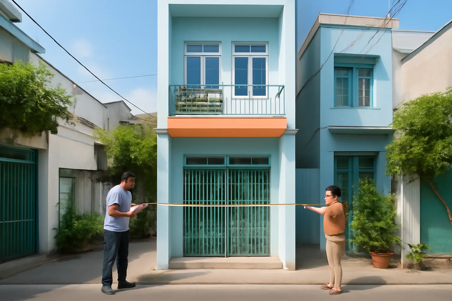 Cặp vợ chồng đứng trước mặt tiền nhà phố, một người kéo thước dây đo bề ngang