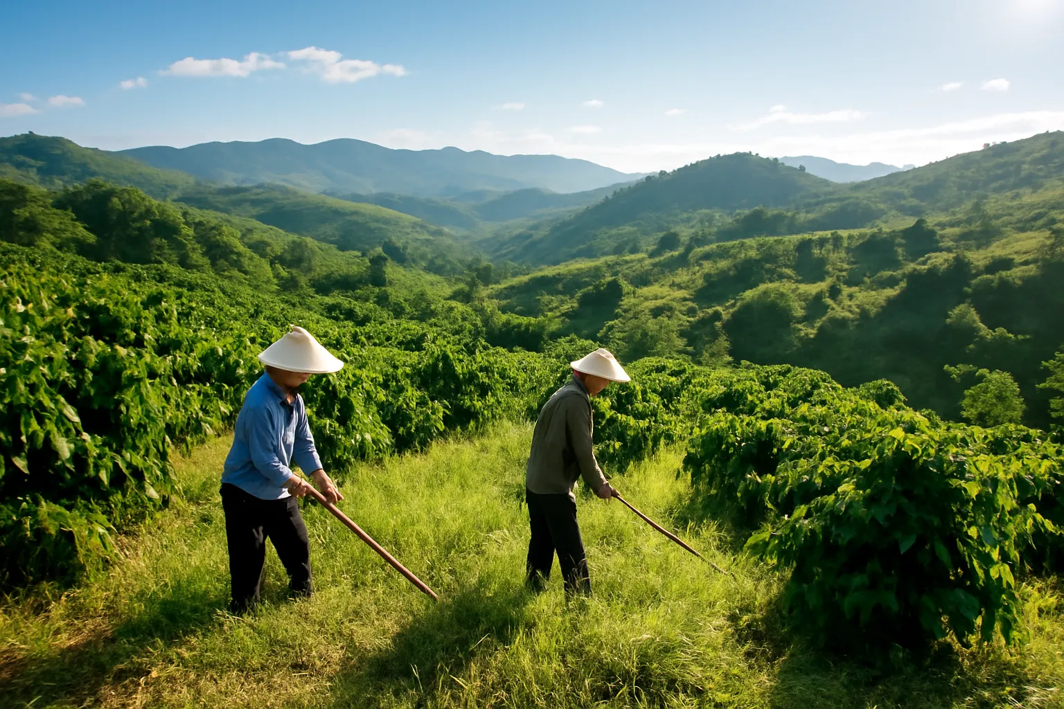 Hai người phát cỏ trên lô đất vườn dốc thoải có hàng cà phê giữa đồi