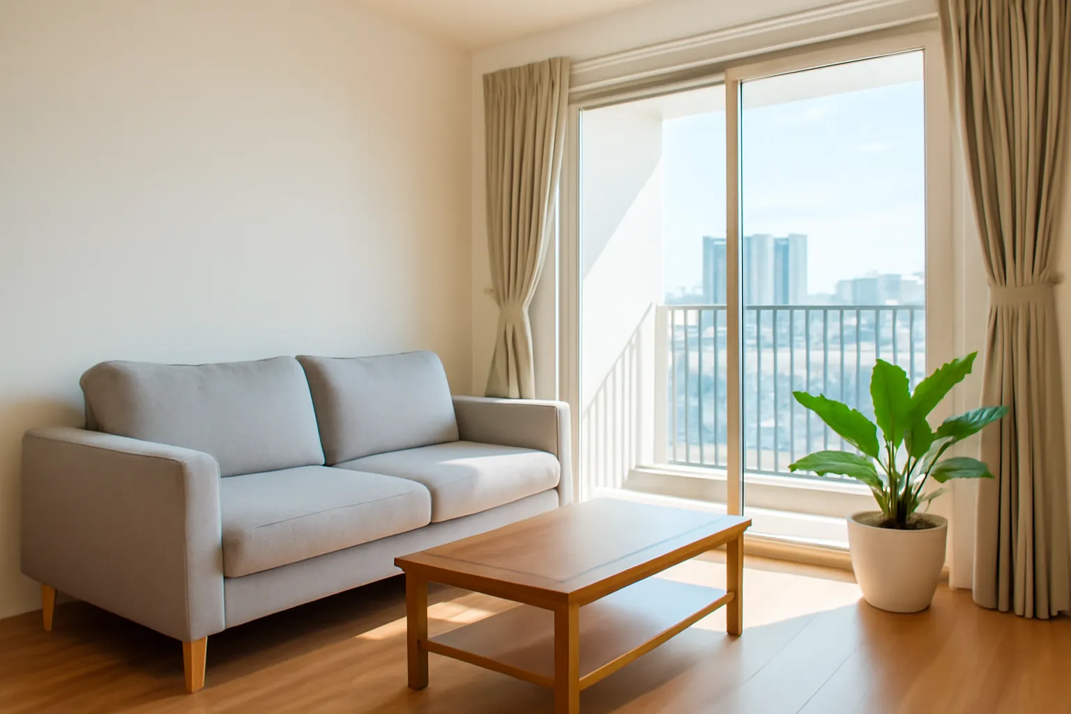 Phòng khách căn hộ gọn gàng với sofa sáng màu và chậu cây cạnh ban công