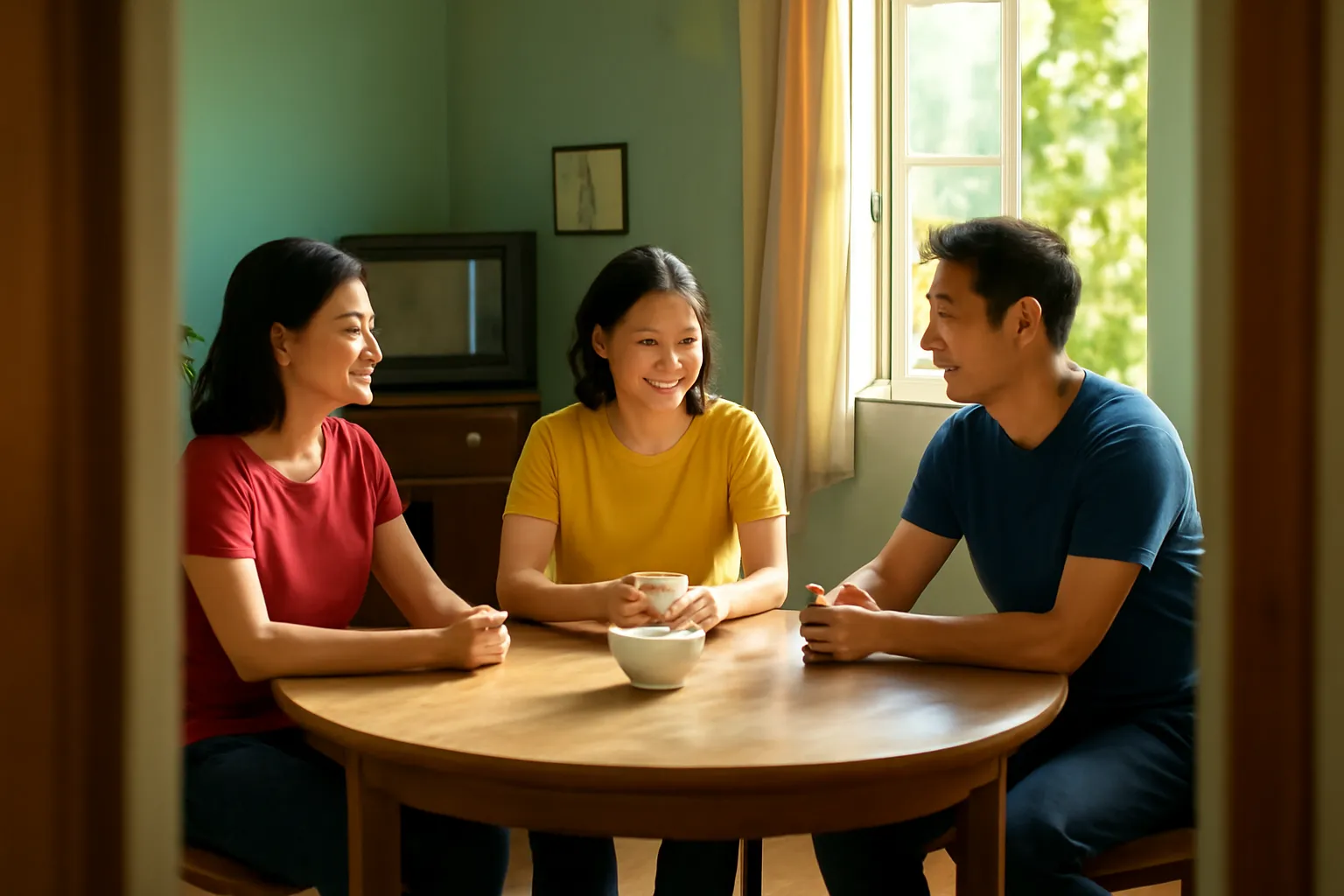 Ba anh chị em ngồi quanh bàn tròn trong phòng khách nhà cũ ngập nắng