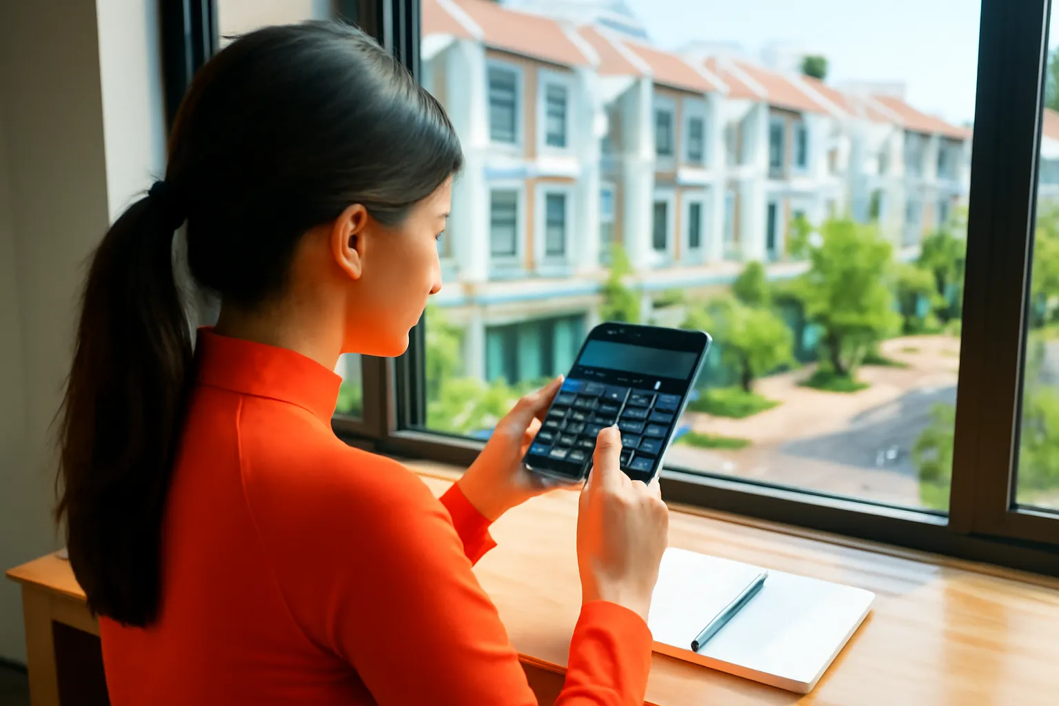 Người phụ nữ trung niên ngồi bên cửa sổ nhà phố bấm máy tính cầm tay tính thuế