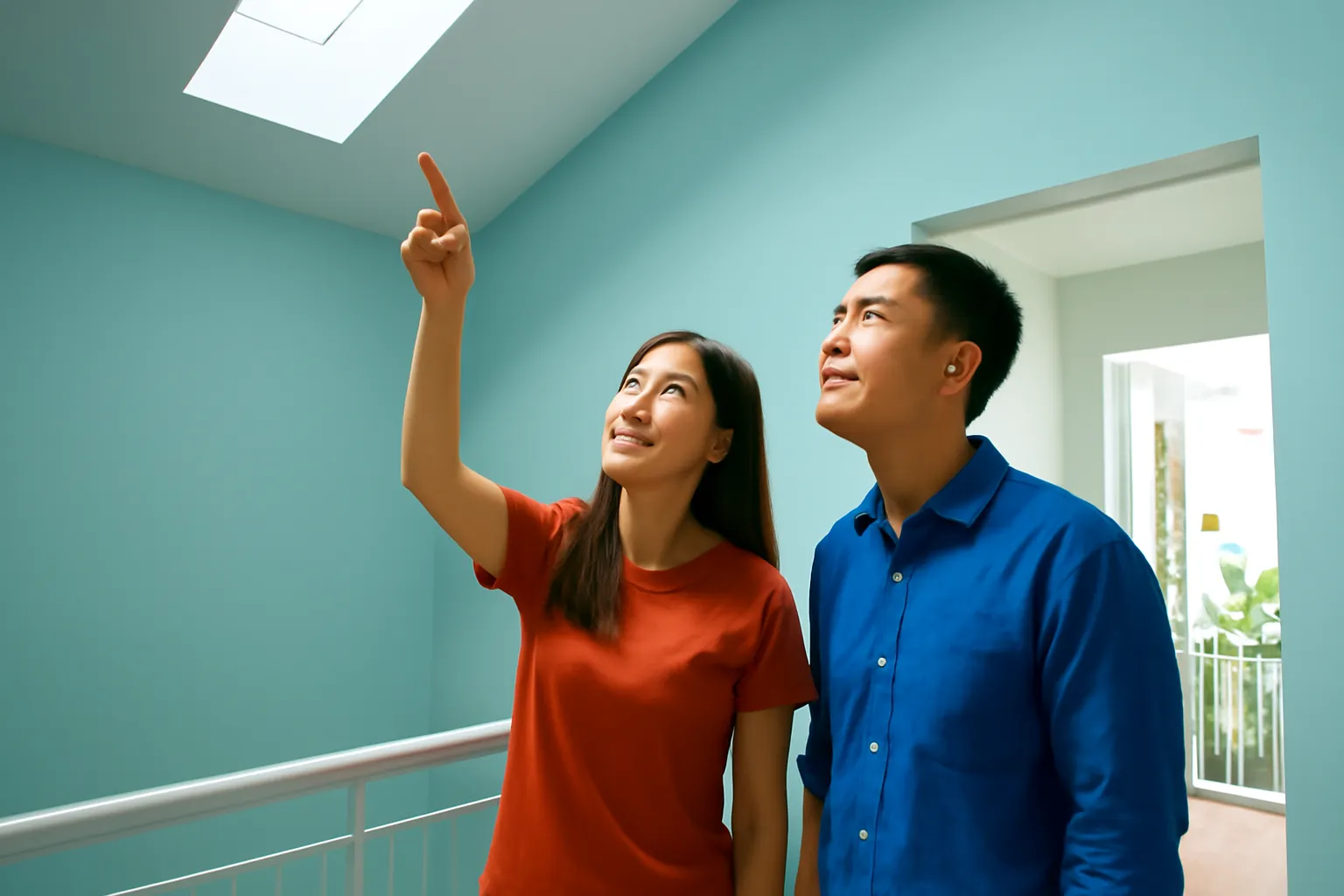 Hai người đứng nhìn lên góc trần nhà tầng thượng, một người chỉ tay