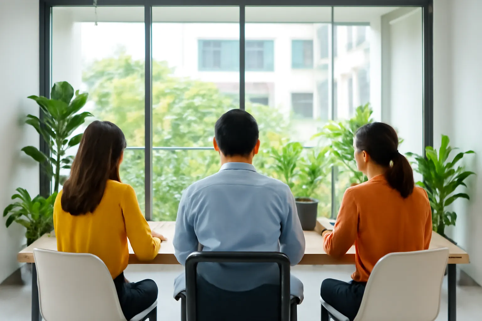 Ba người ngồi quanh bàn họp nhỏ trong văn phòng sáng, nhìn từ cuối phòng