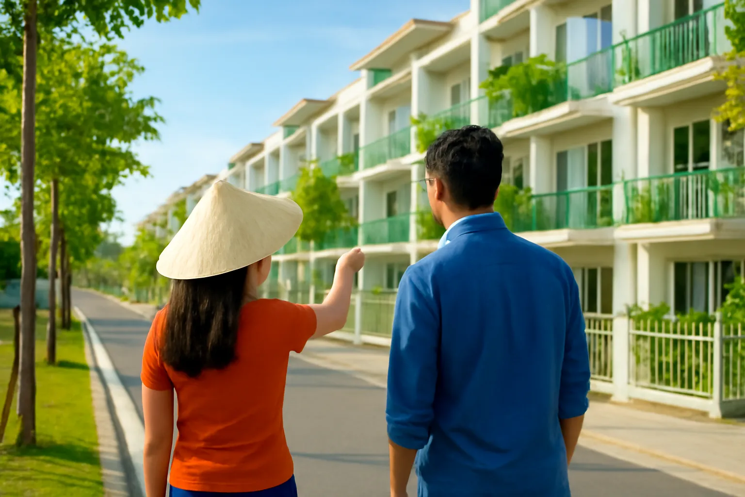 Cặp vợ chồng đi dọc vỉa hè khu dân cư, chỉ tay về dãy nhà liền kề