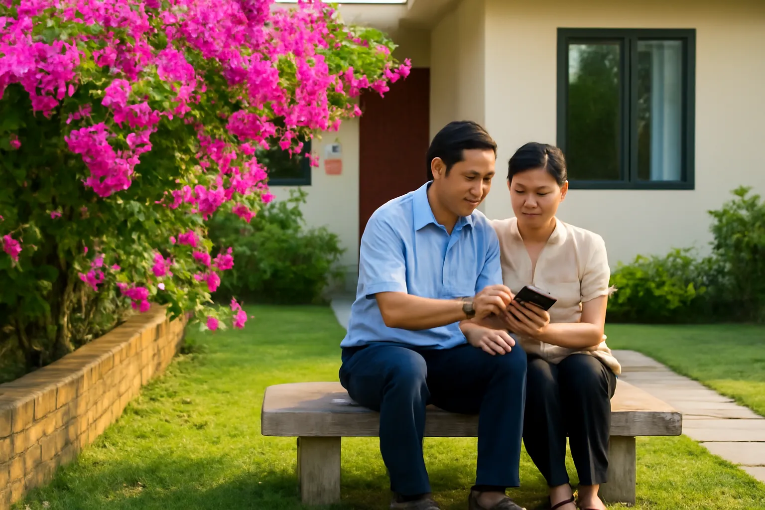 Hai vợ chồng ngồi ghế đá trong sân cùng xem điện thoại soạn tin rao bán nhà