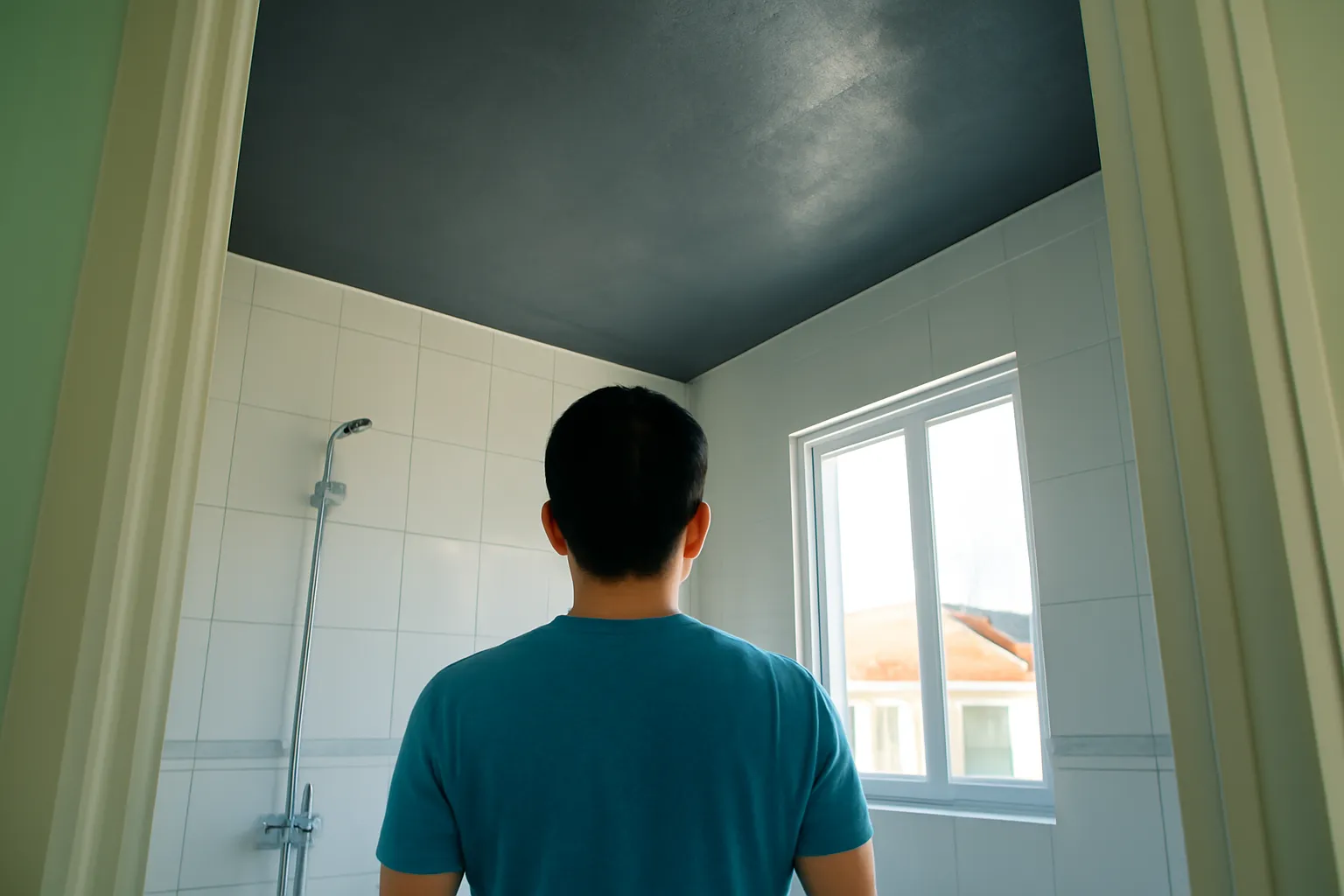 Người đàn ông kiểm tra trần nhà vệ sinh mới làm chống thấm trước khi bán