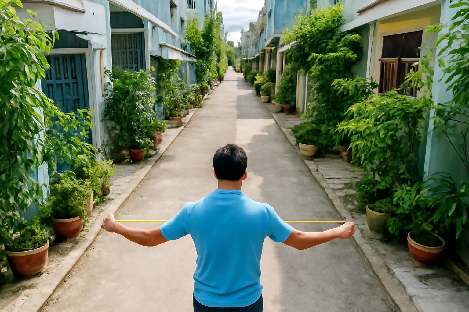 Con hẻm thẳng có cây xanh, người đàn ông dùng thước dây đo bề rộng hẻm